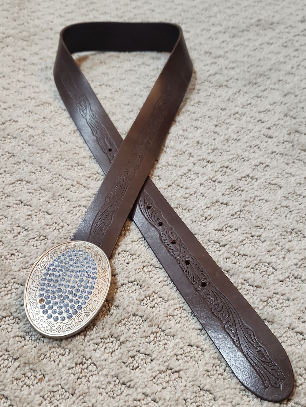 Abercrombie & Fitch Brown Leather Belt Decorative Blue Rhinestone Silver Buckle
